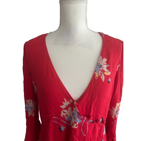 FREE PEOPLE Red Floral Button Detail Long Sleeve Dress Size Medium - Picture 4 of 8